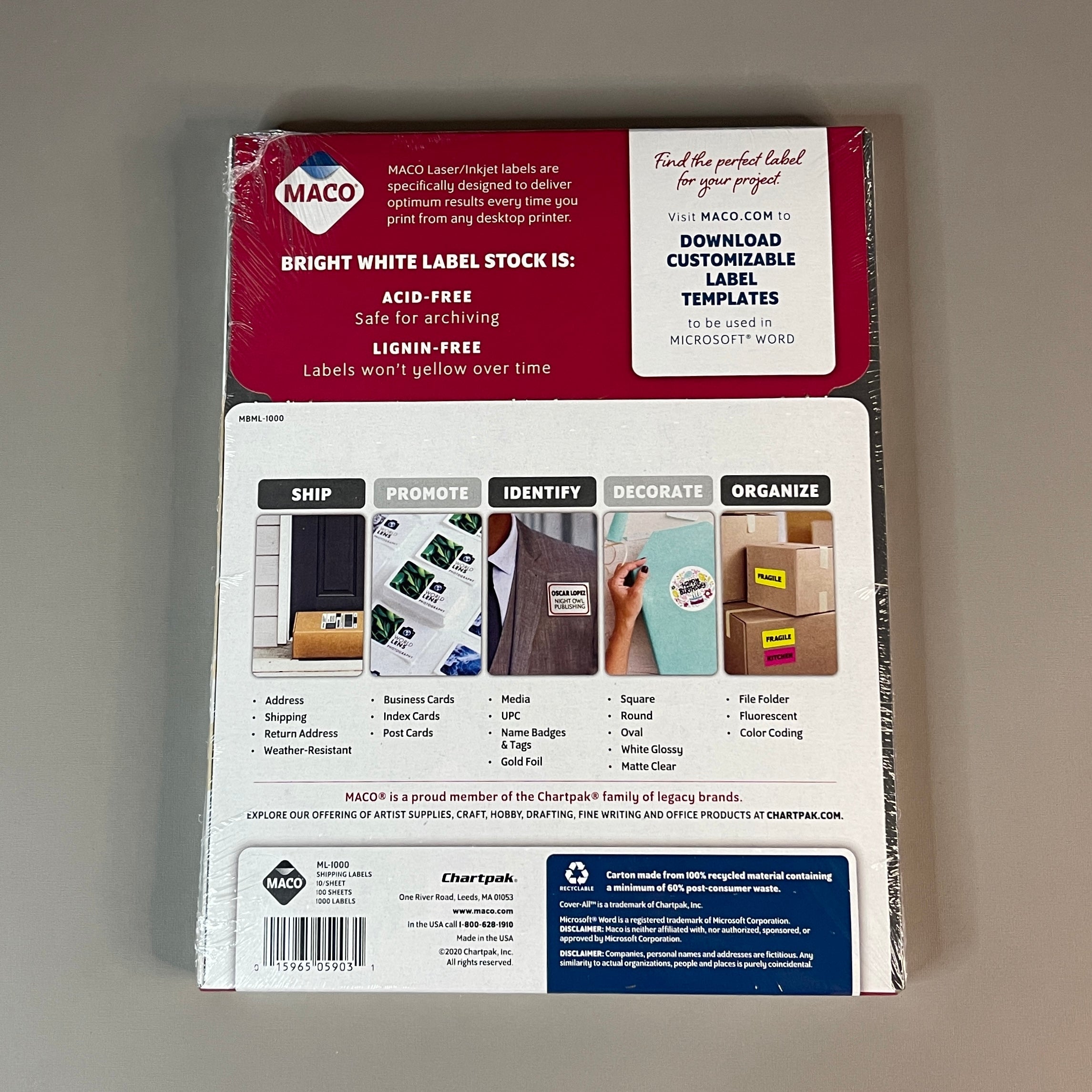 Z@ MACO Laser / Ink Jet White Shipping Labels 2" x 4” 1000 Labels (100 sheets) ML-1000