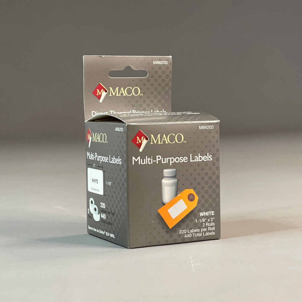 MACO  Direct Thermal Printer Labels (6 PACK) 1-1/8” x 2" 2,640 Labels White M86203