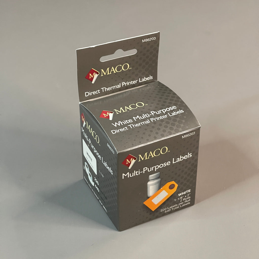 MACO  Direct Thermal Printer Labels (6 PACK) 1-1/8” x 2" 2,640 Labels White M86203