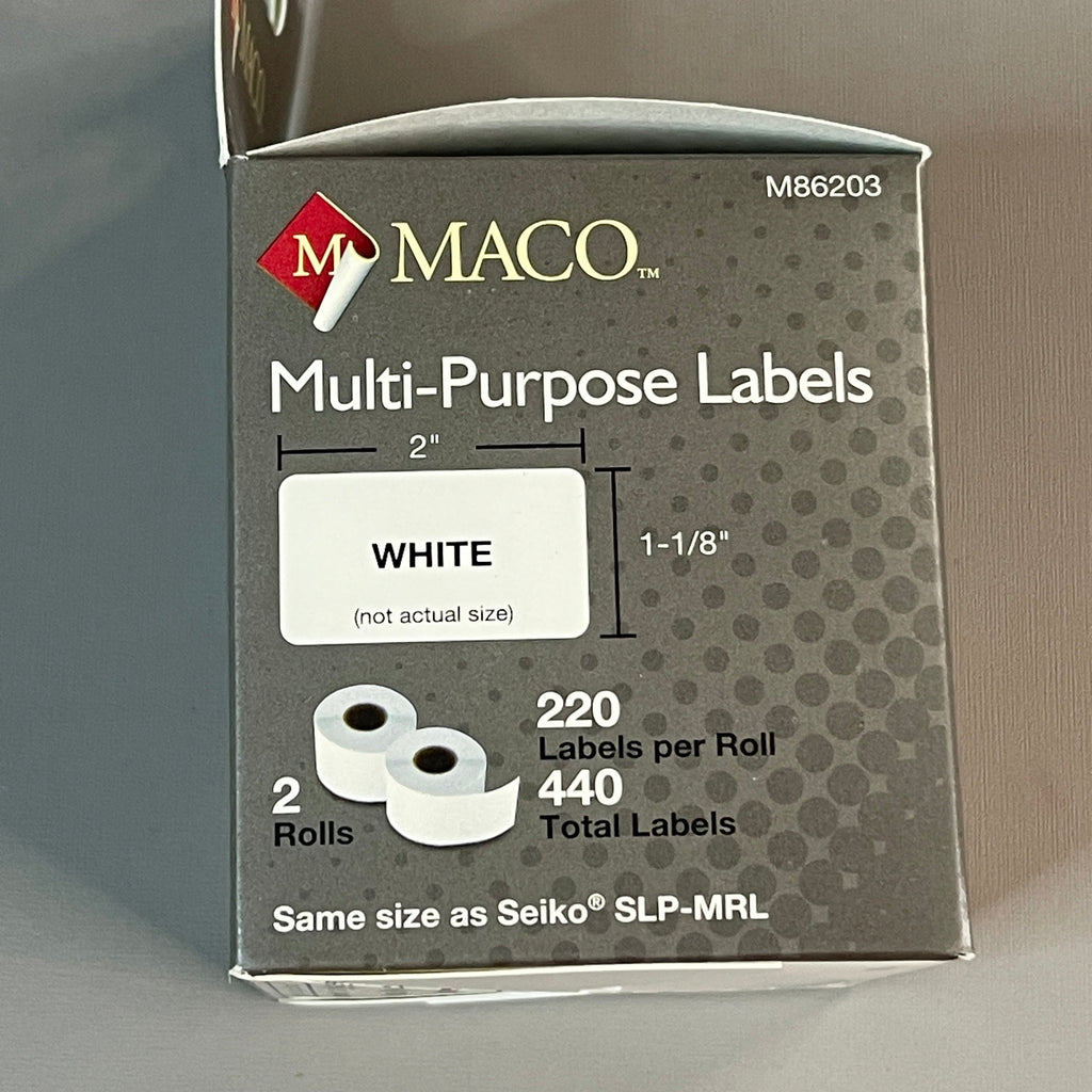 MACO  Direct Thermal Printer Labels (6 PACK) 1-1/8” x 2" 2,640 Labels White M86203