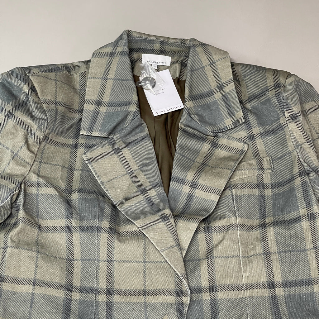 WE WORE WHAT Printed Plaid Blazer Women's Sz XS ZRN Cool Plaid Green 246765