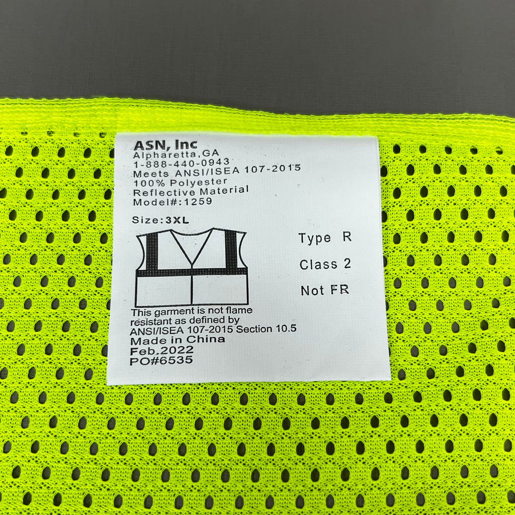 ASN INC Yellow Reflective Safety Vest Unisex Sz-3XL Neon Yellow 1409227 (New)