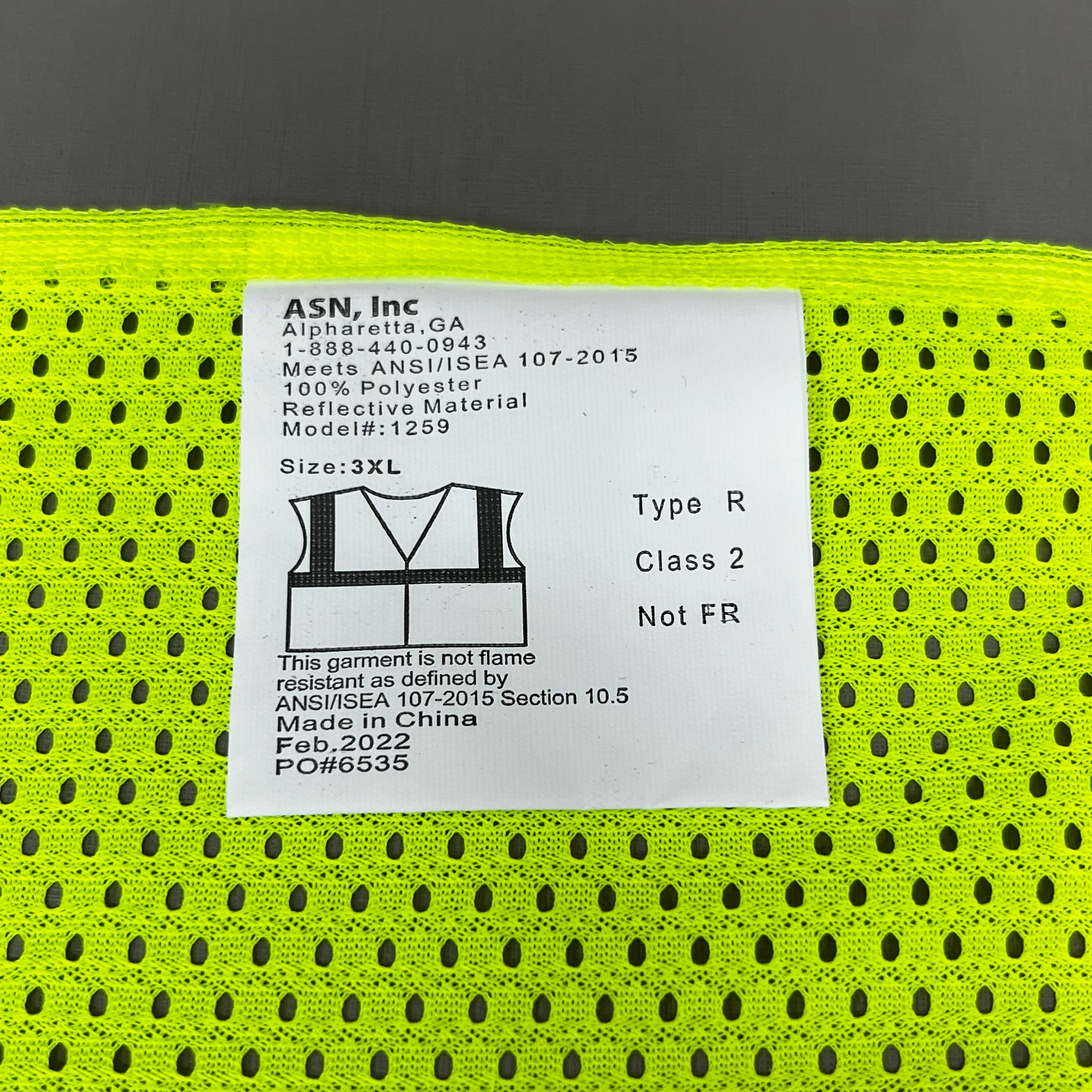 ASN INC Yellow Reflective Safety Vest Unisex Sz-3XL Neon Yellow 1409227 (New)