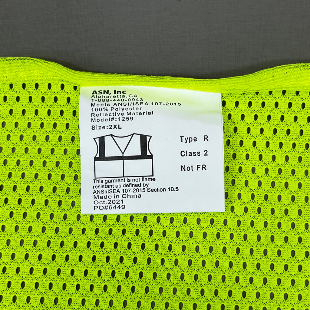 ASN INC Yellow Reflective Safety Vest Unisex Sz-2XL Neon Yellow 1409226 (New)