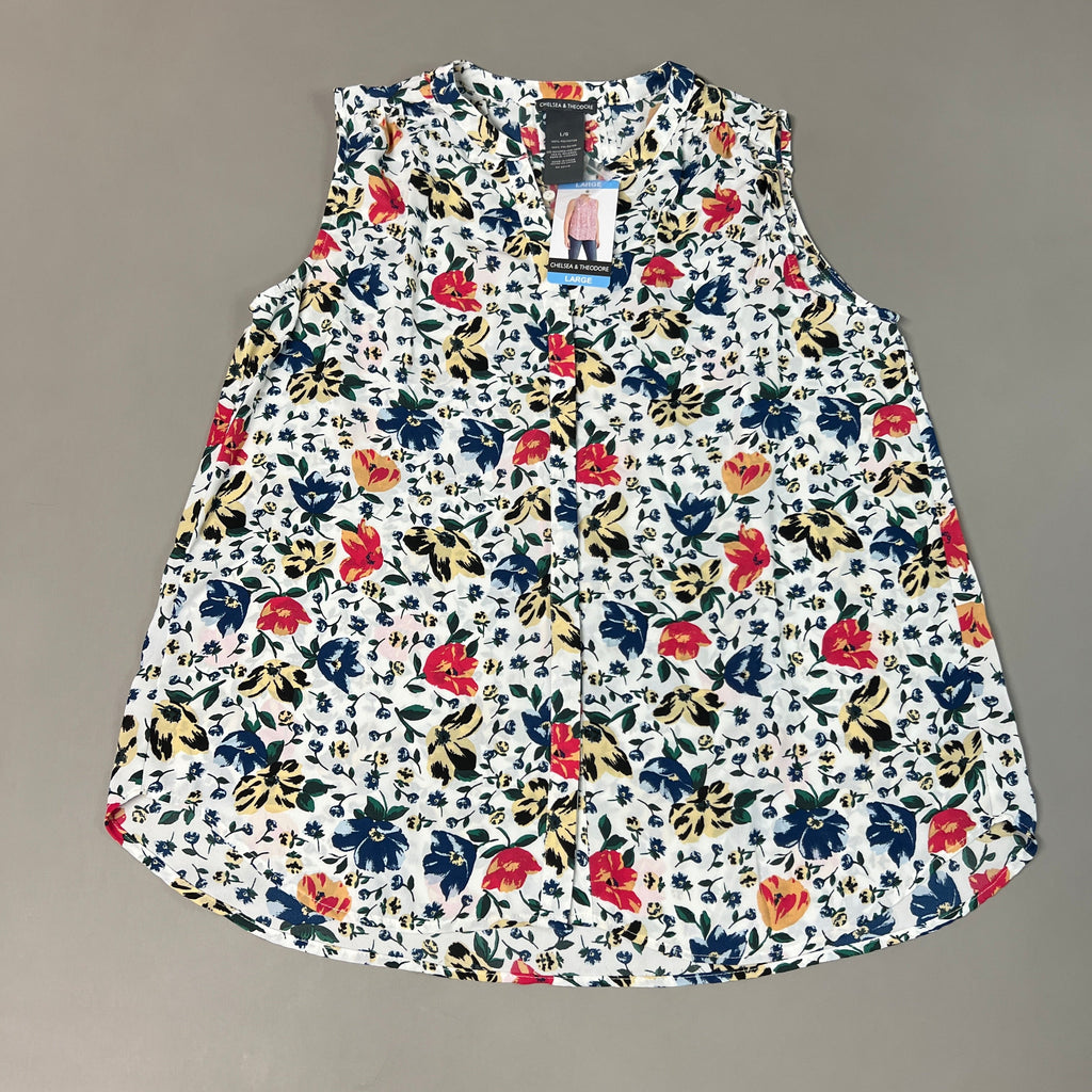 CHELSEA & THEODORE Sleeveless Blouse Women's Size L Bash Floral White 2165072 (NEW)