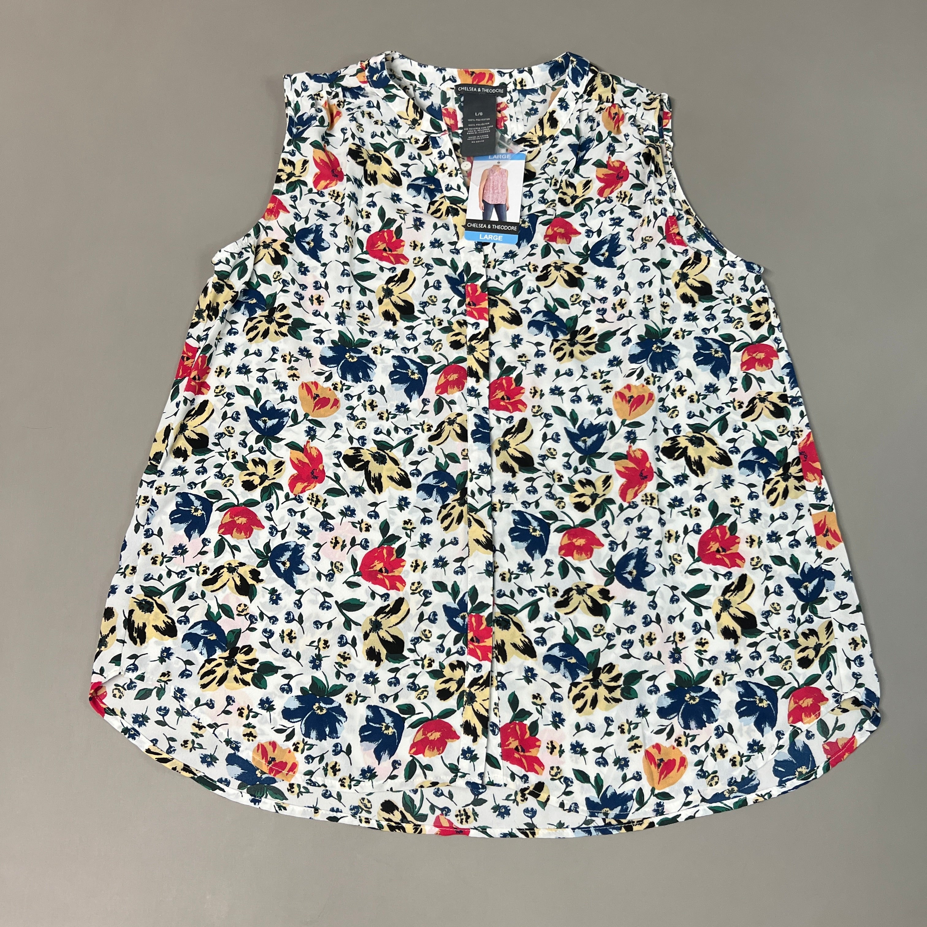 CHELSEA & THEODORE Sleeveless Blouse Women's Size L Bash Floral White 2165072 (NEW)