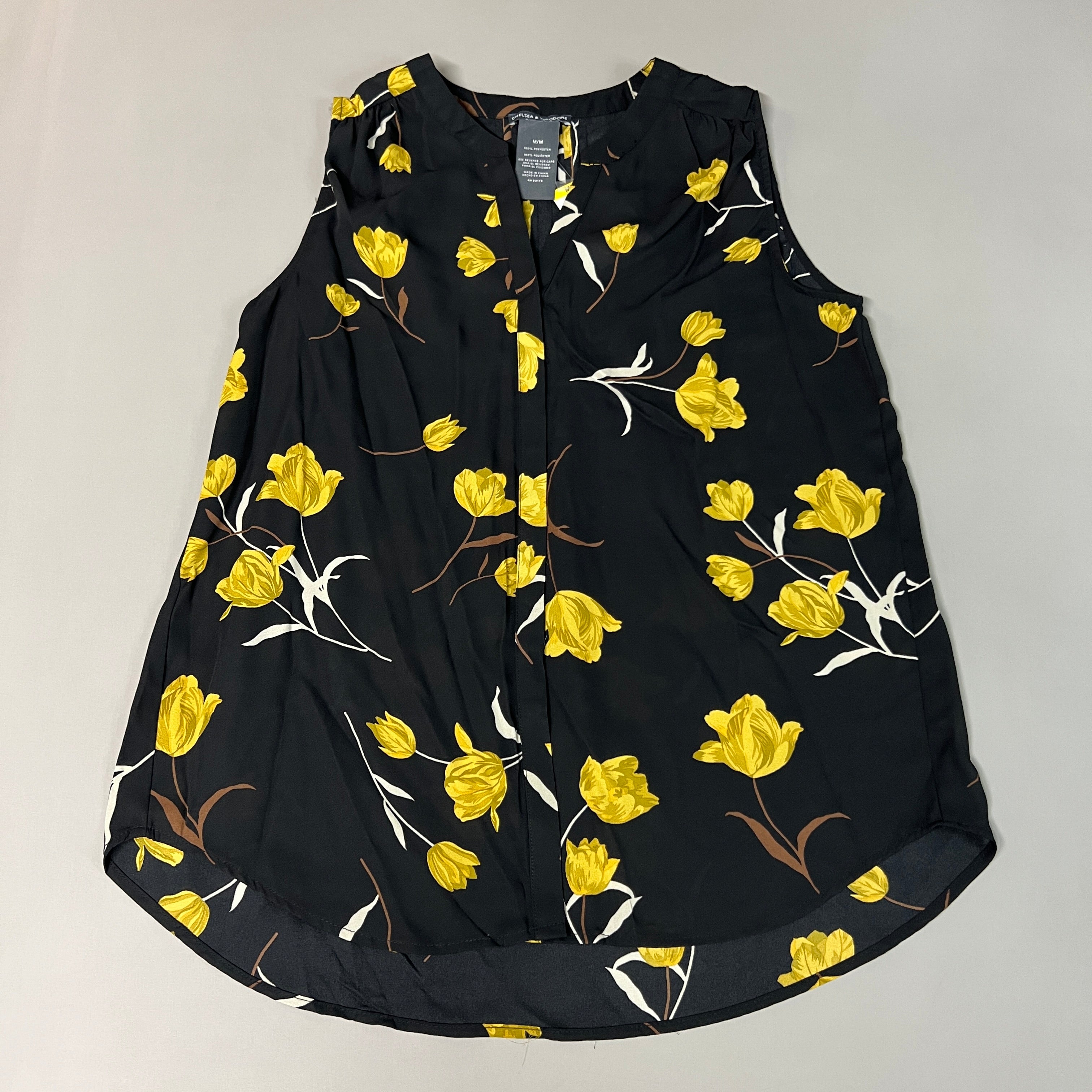 CHELSEA & THEODORE Sleeveless Blouse Women's Size M Black/Yellow Tulip 2165072 (NEW)