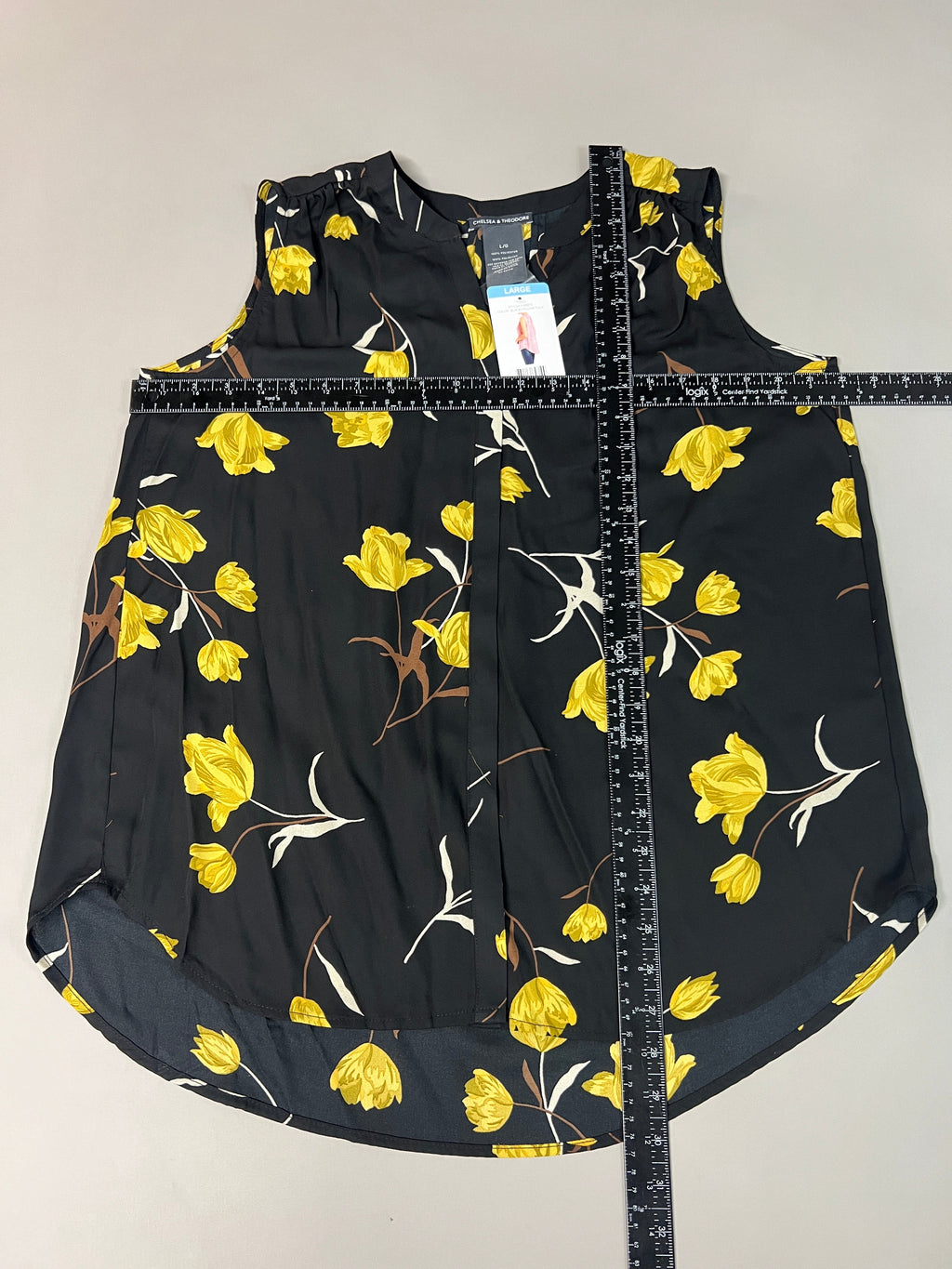 CHELSEA & THEODORE Sleeveless Blouse Women's Size L Black/Yellow Tulip 2165072 (NEW)
