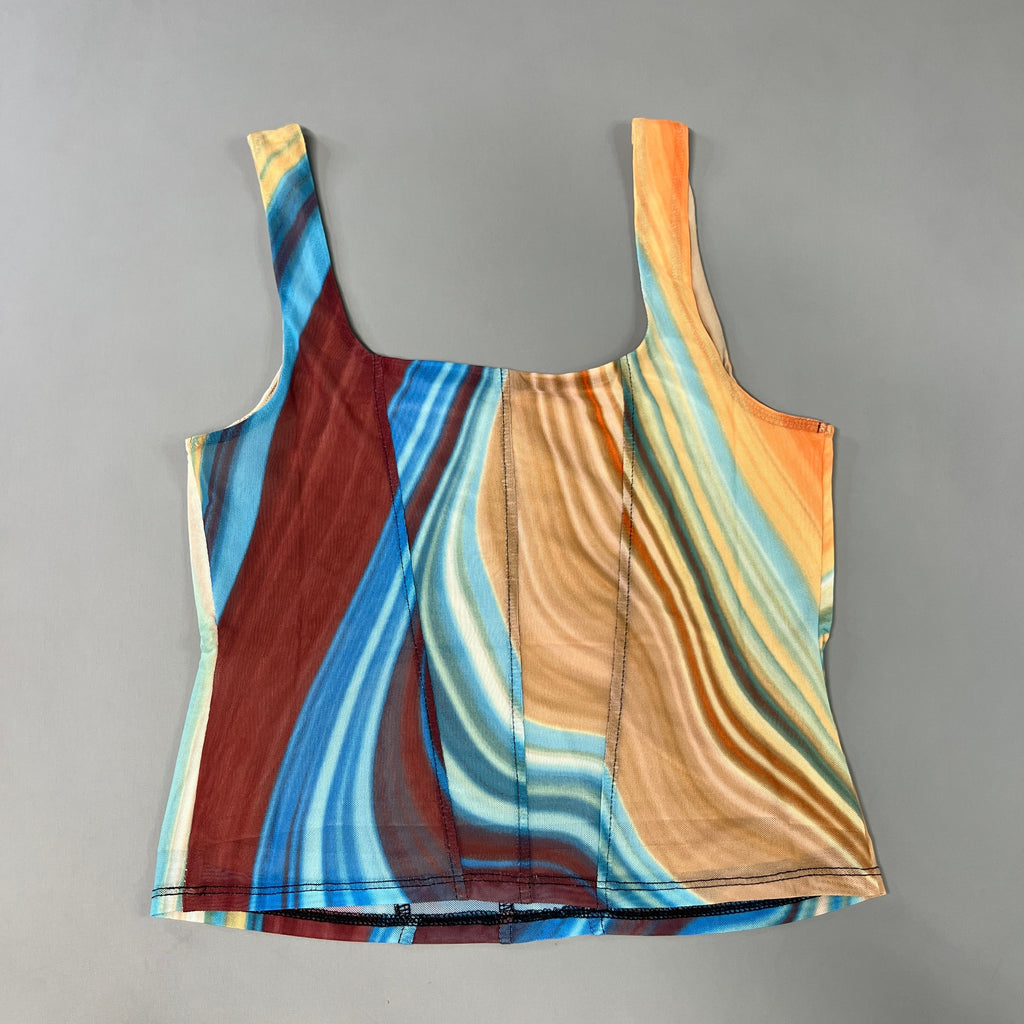 AFRM Cort Doubled Mesh Seaming Crop Top Women's M Blue Abstract Wave AET033437AU21 (New)