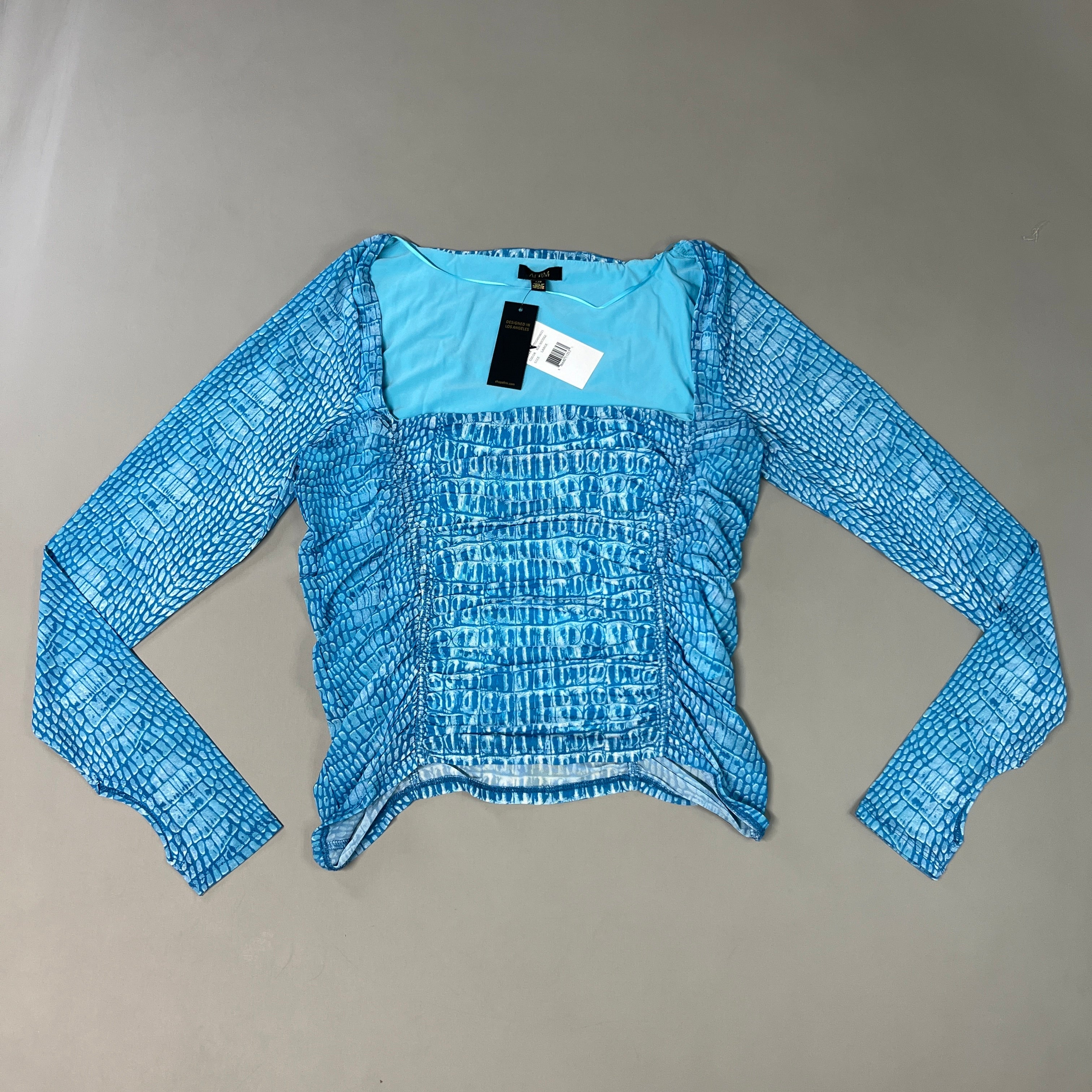 AFRM Strarus Ruches Front LS Mesh Top Women's L Blue Crocodile AET033450AU21 (New)