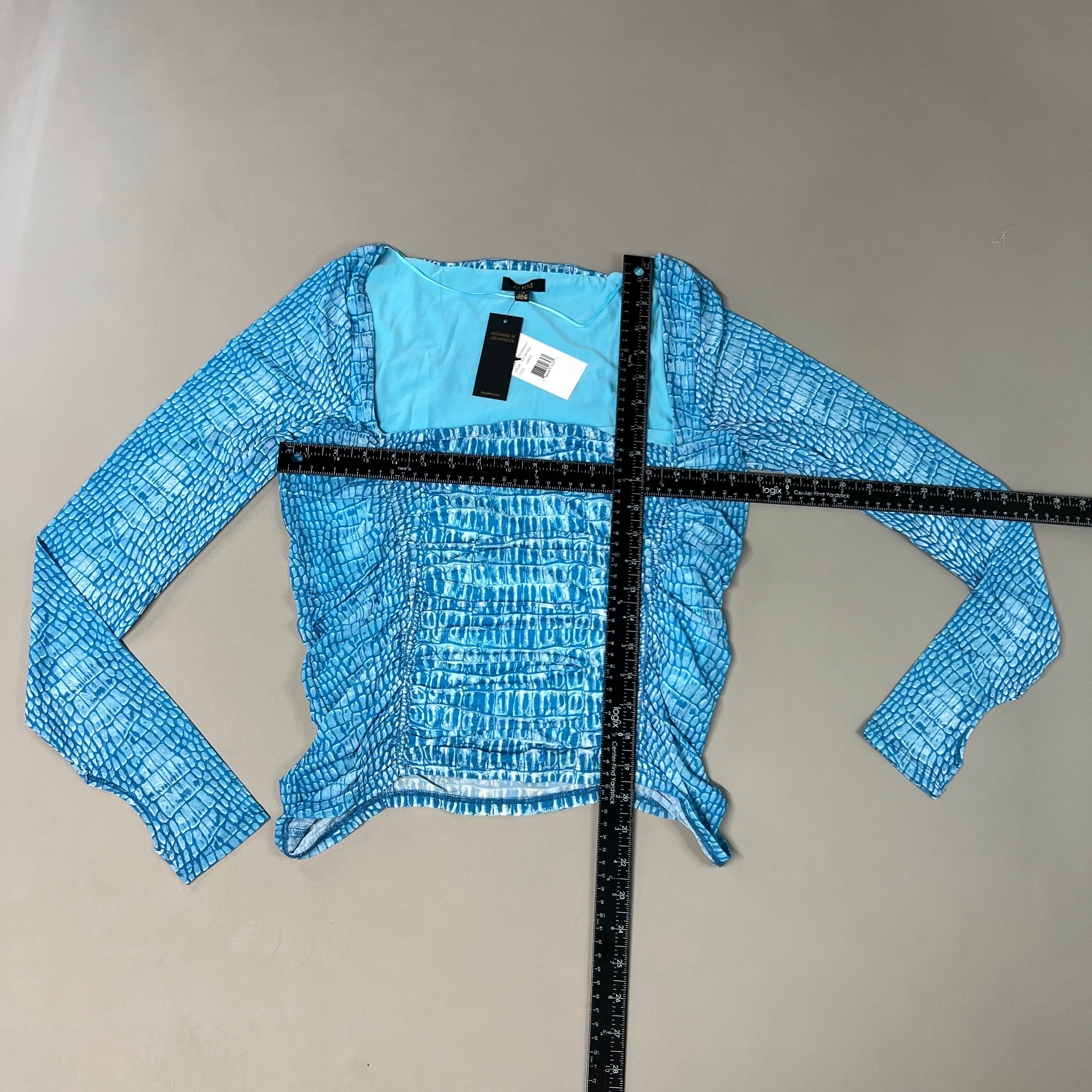 AFRM Strarus Ruches Front LS Mesh Top Women's L Blue Crocodile AET033450AU21 (New)
