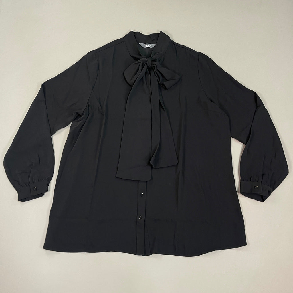 MARTHA STEWART Woven Front Button Blouse Top Tie Neck Women's Sz L Francesca Black (New)