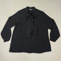 MARTHA STEWART Woven Front Button Blouse Top Tie Neck Women's Sz L Francesca Black (New)