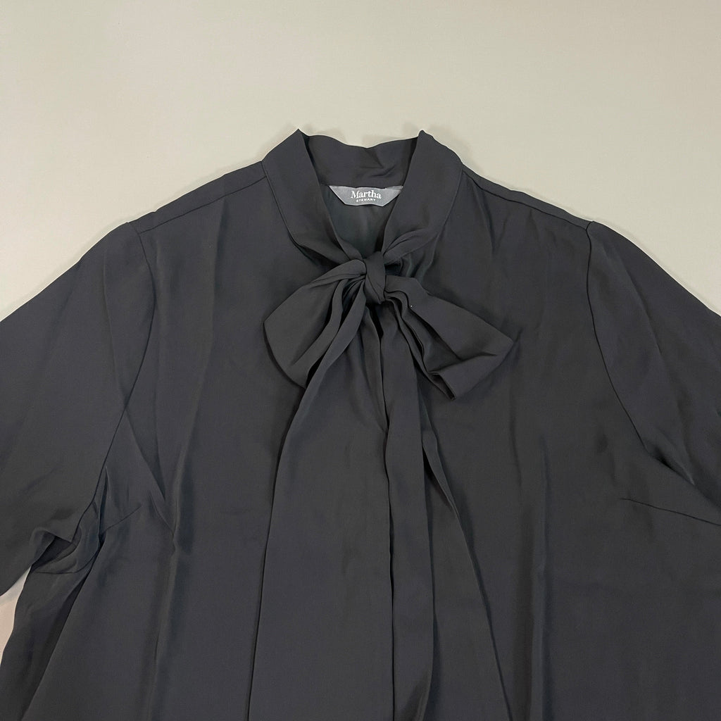 MARTHA STEWART Woven Front Button Blouse Top Tie Neck Women's Sz L Francesca Black (New)