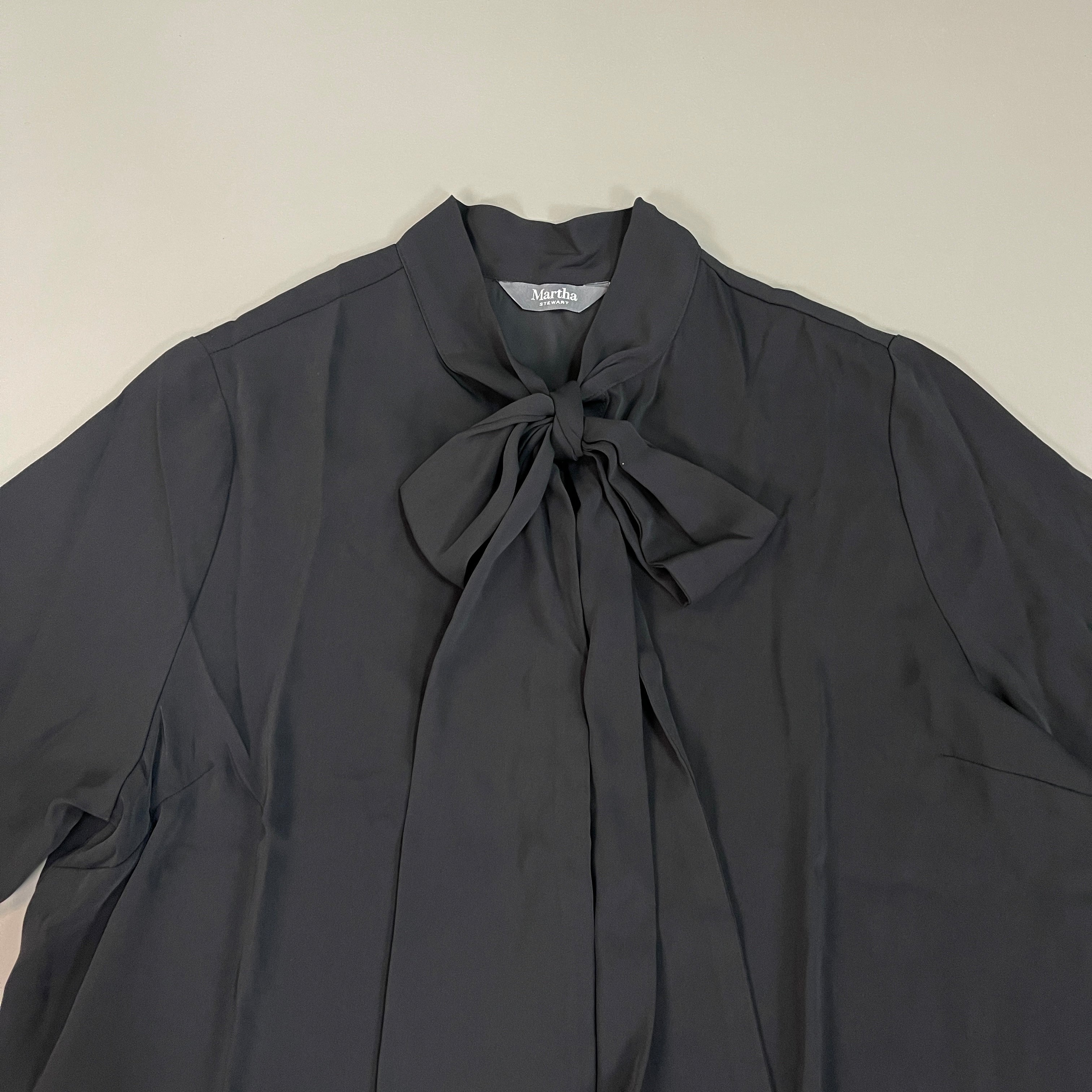 MARTHA STEWART Woven Front Button Blouse Top Tie Neck Women's Sz L Francesca Black (New)