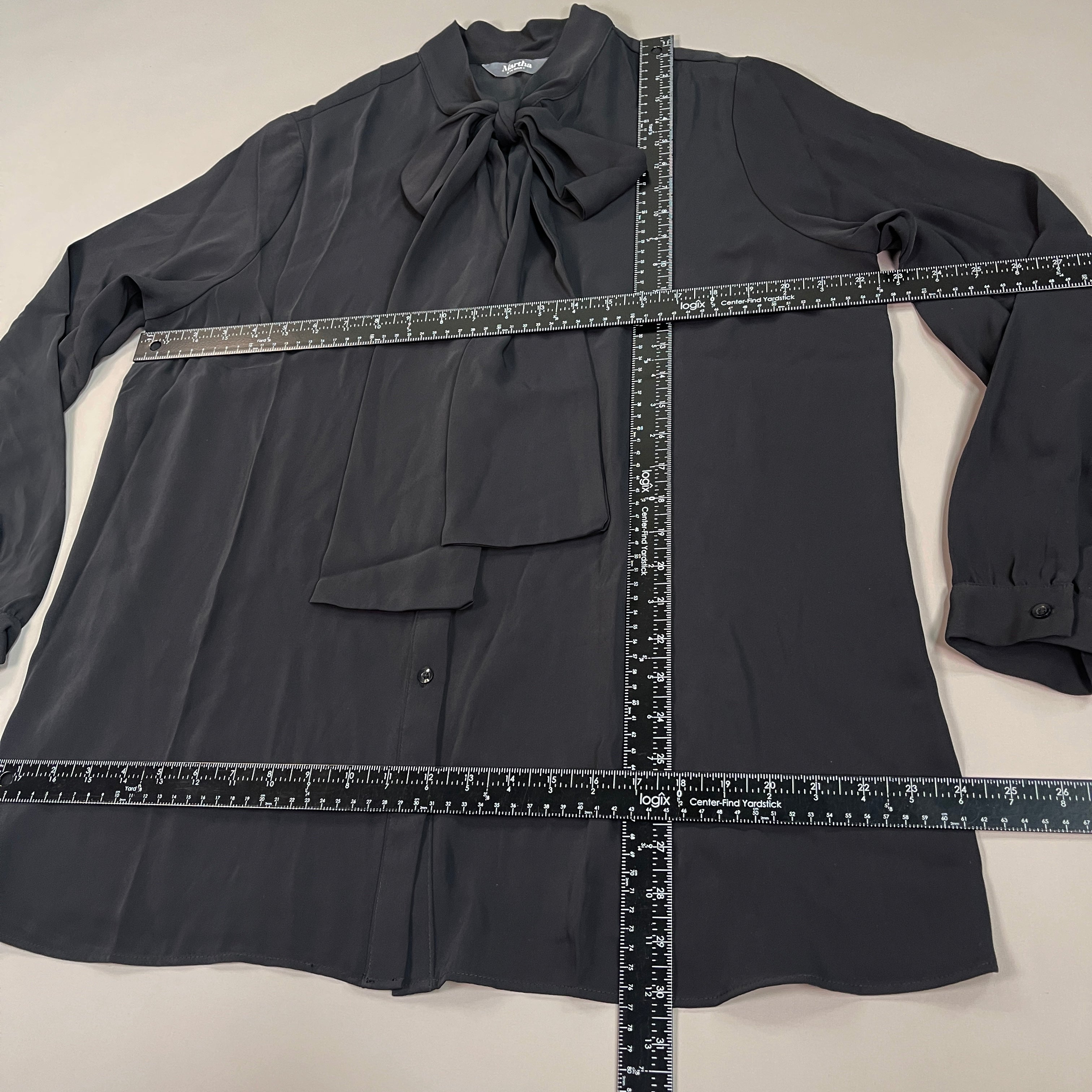 MARTHA STEWART Woven Front Button Blouse Top Tie Neck Women's Sz L Francesca Black (New)