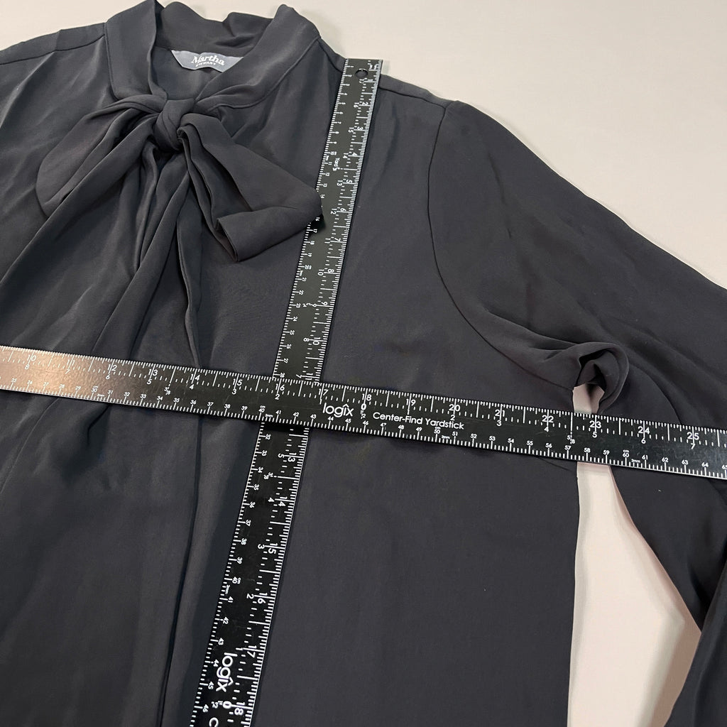 MARTHA STEWART Woven Front Button Blouse Top Tie Neck Women's Sz L Francesca Black (New)