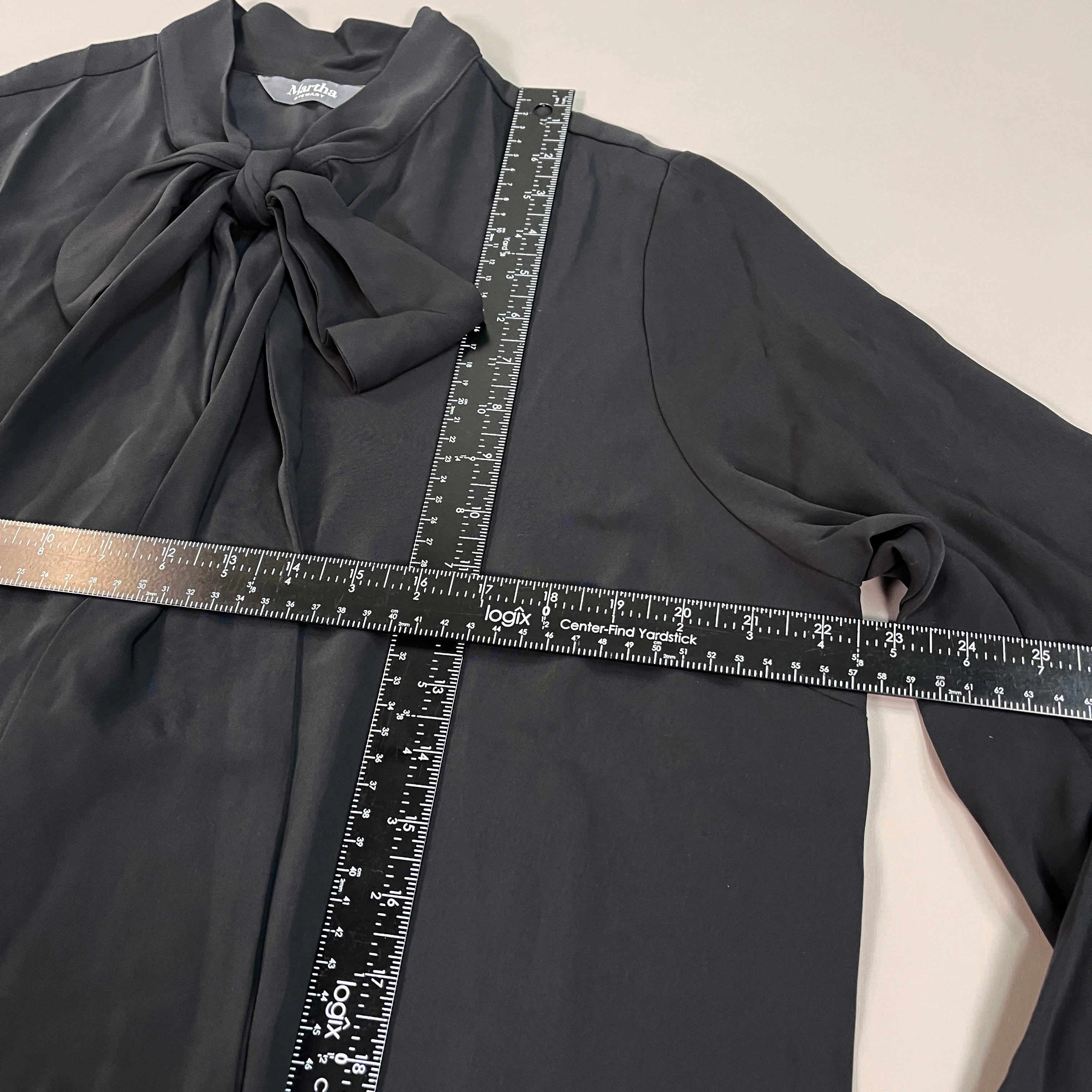 MARTHA STEWART Woven Front Button Blouse Top Tie Neck Women's Sz L Francesca Black (New)