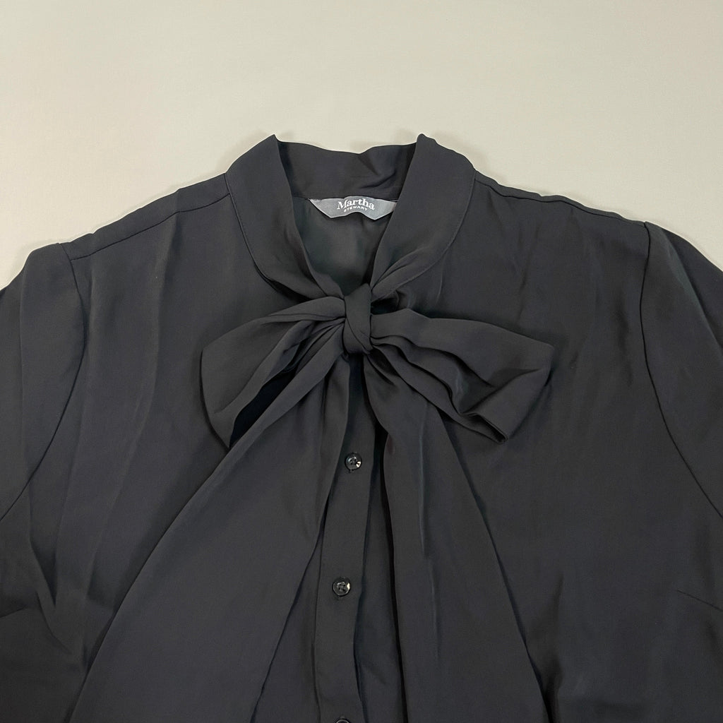 MARTHA STEWART Woven Front Button Blouse Top Tie Neck Women's Sz L Francesca Black (New)