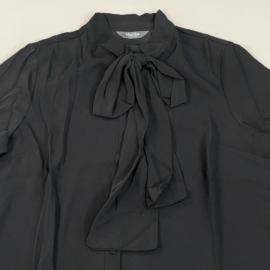 MARTHA STEWART Woven Front Button Blouse Top Tie Neck Women's Sz M Black (New)