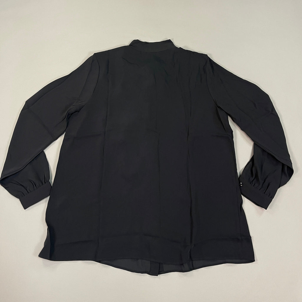 MARTHA STEWART Woven Front Button Blouse Top Tie Neck Women's Sz M Black (New)