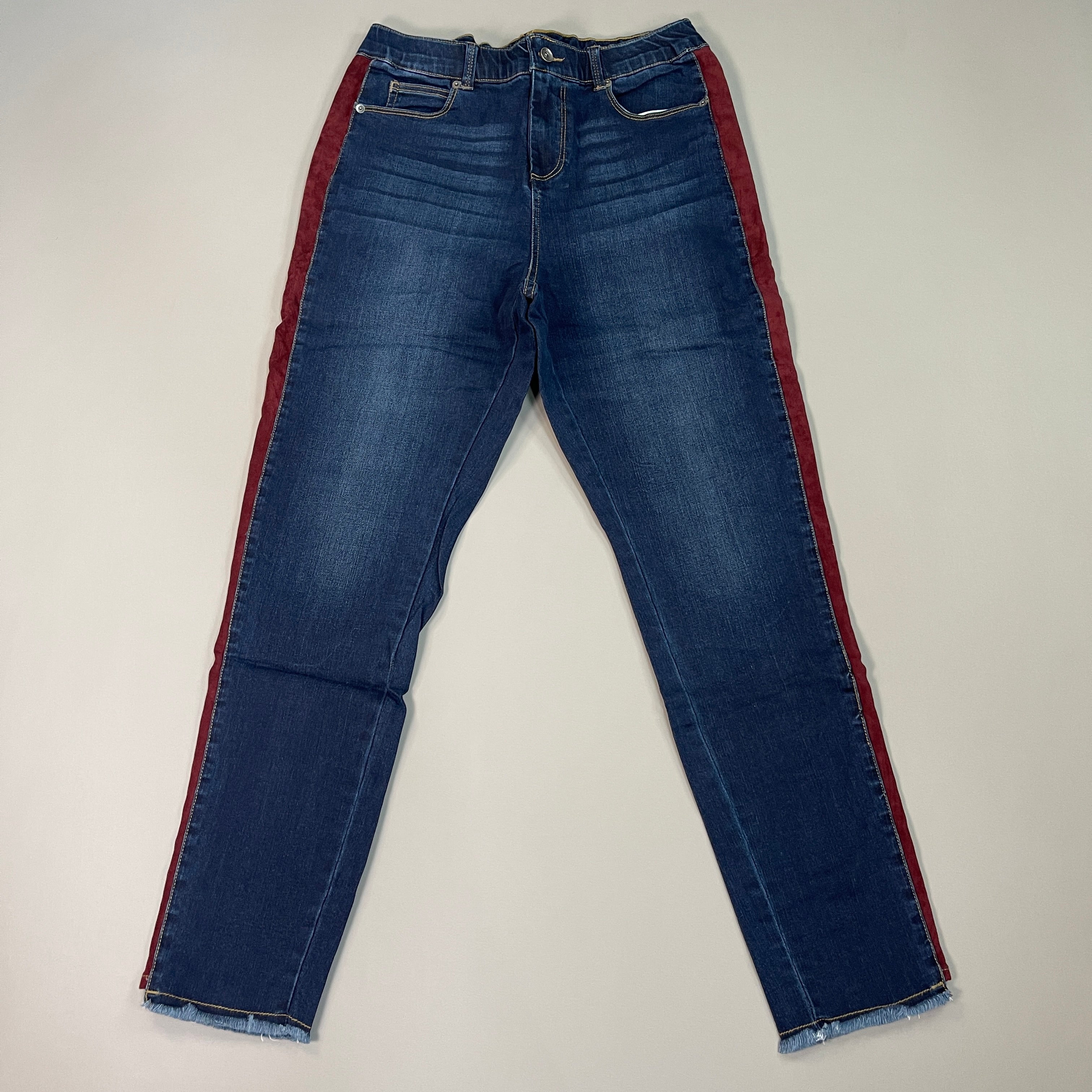 CLINTON KELLY Frayed Hem Jeans Women's Sz 10 Regular Dark Wash, Maroon Striped Side(New)