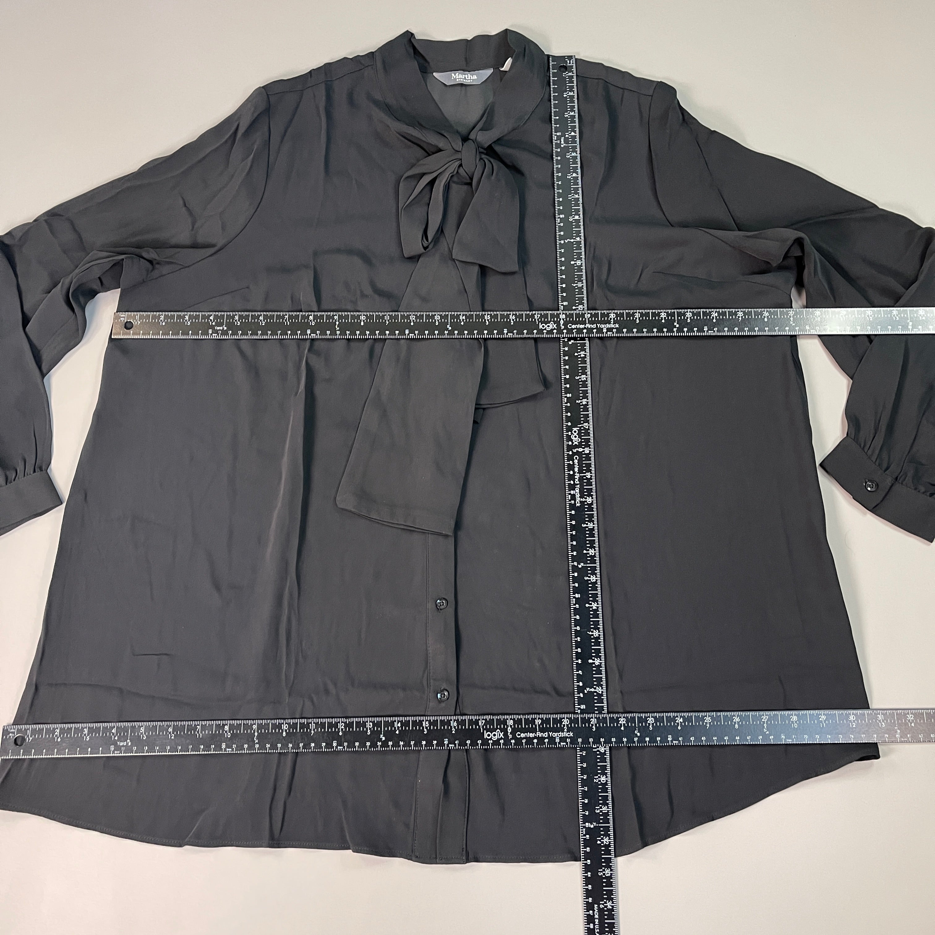 MARTHA STEWART Woven Front Button Blouse Top Tie Neck Women's Sz 2X Francesca Black (New)