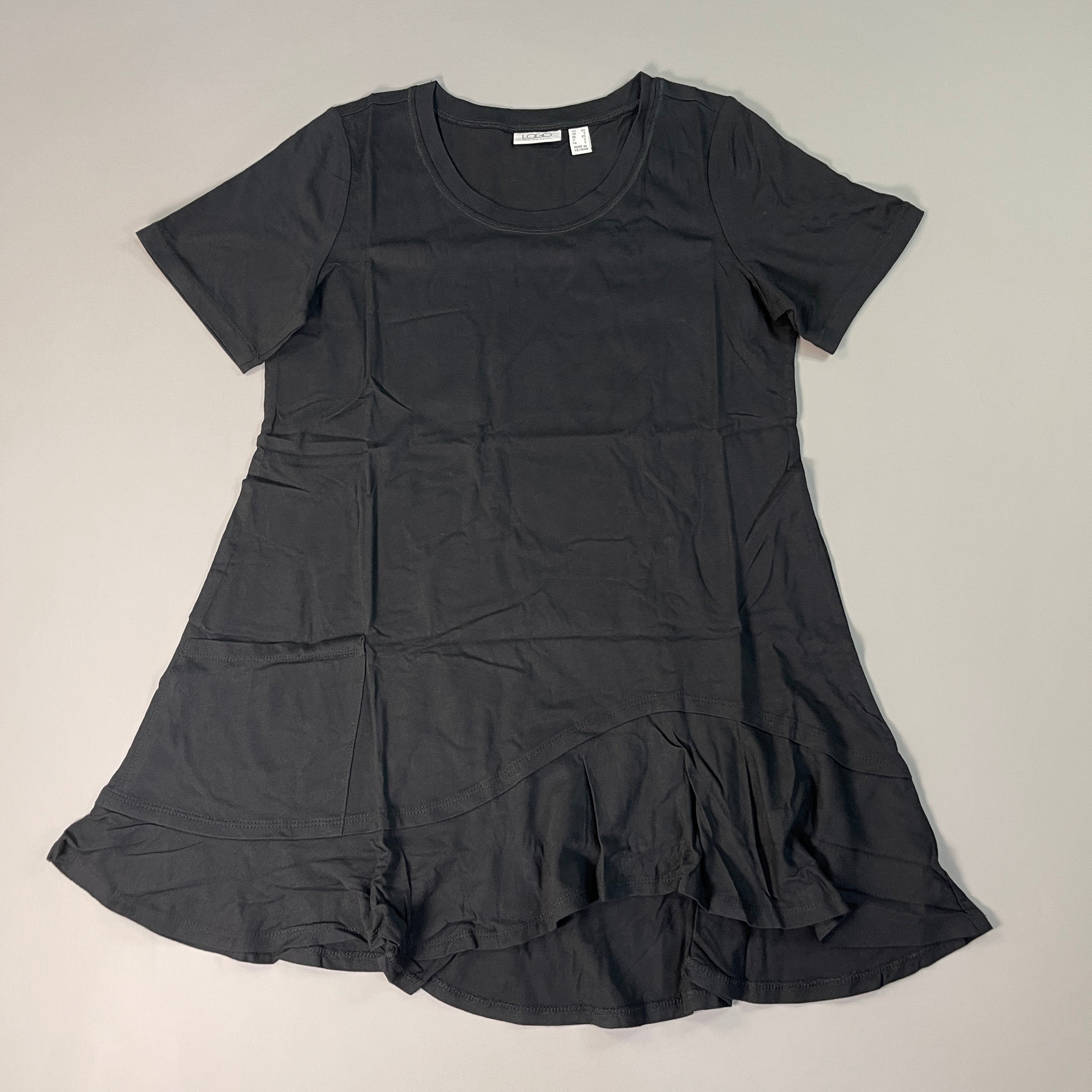 LOGO LORI GOLDSTEIN Knit Short Sleeve Shirt Asymmetric Hem Women's Sz XS Black (New)