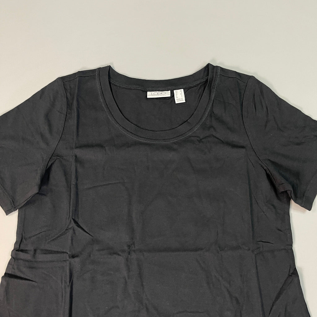 LOGO LORI GOLDSTEIN Knit Short Sleeve Shirt Asymmetric Hem Women's Sz XS Black (New)
