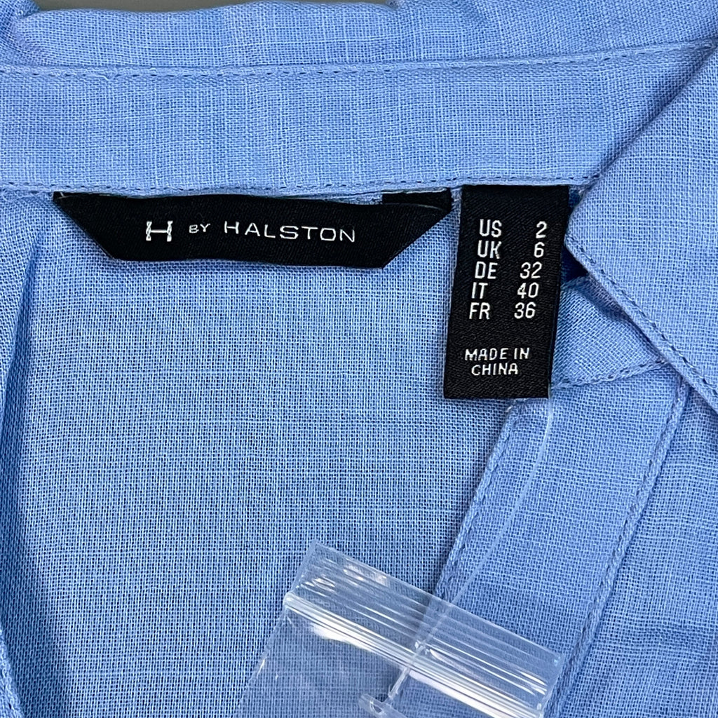 H BY HALSTON Collared 1/4 Button Top V-Neck Women's Sz 2 Reg Blue Iris (New)