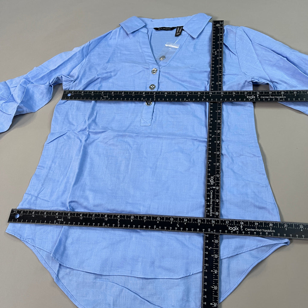 H BY HALSTON Collared 1/4 Button Top V-Neck Women's Sz 2 Reg Blue Iris (New)