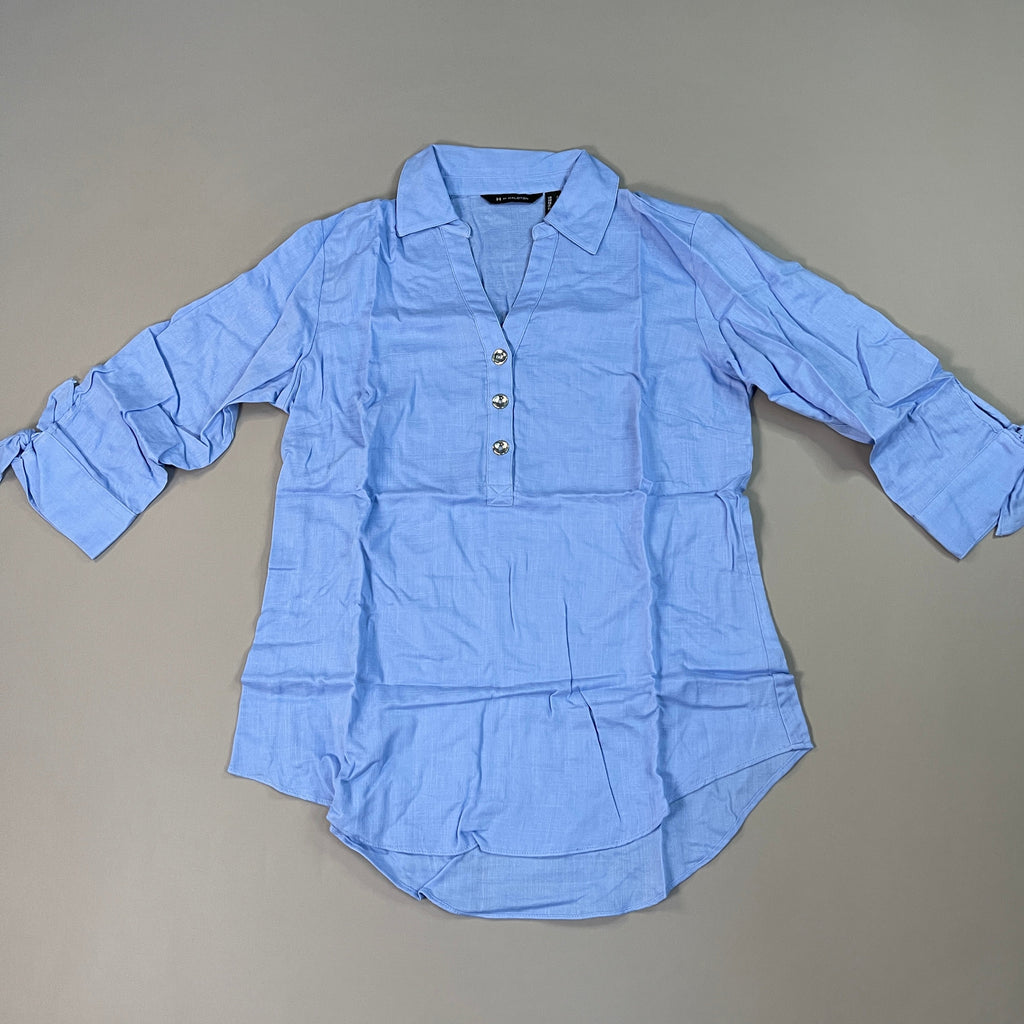 H BY HALSTON Collared 1/4 Button Top V-Neck Women's Sz 2 Reg Blue Iris (New)