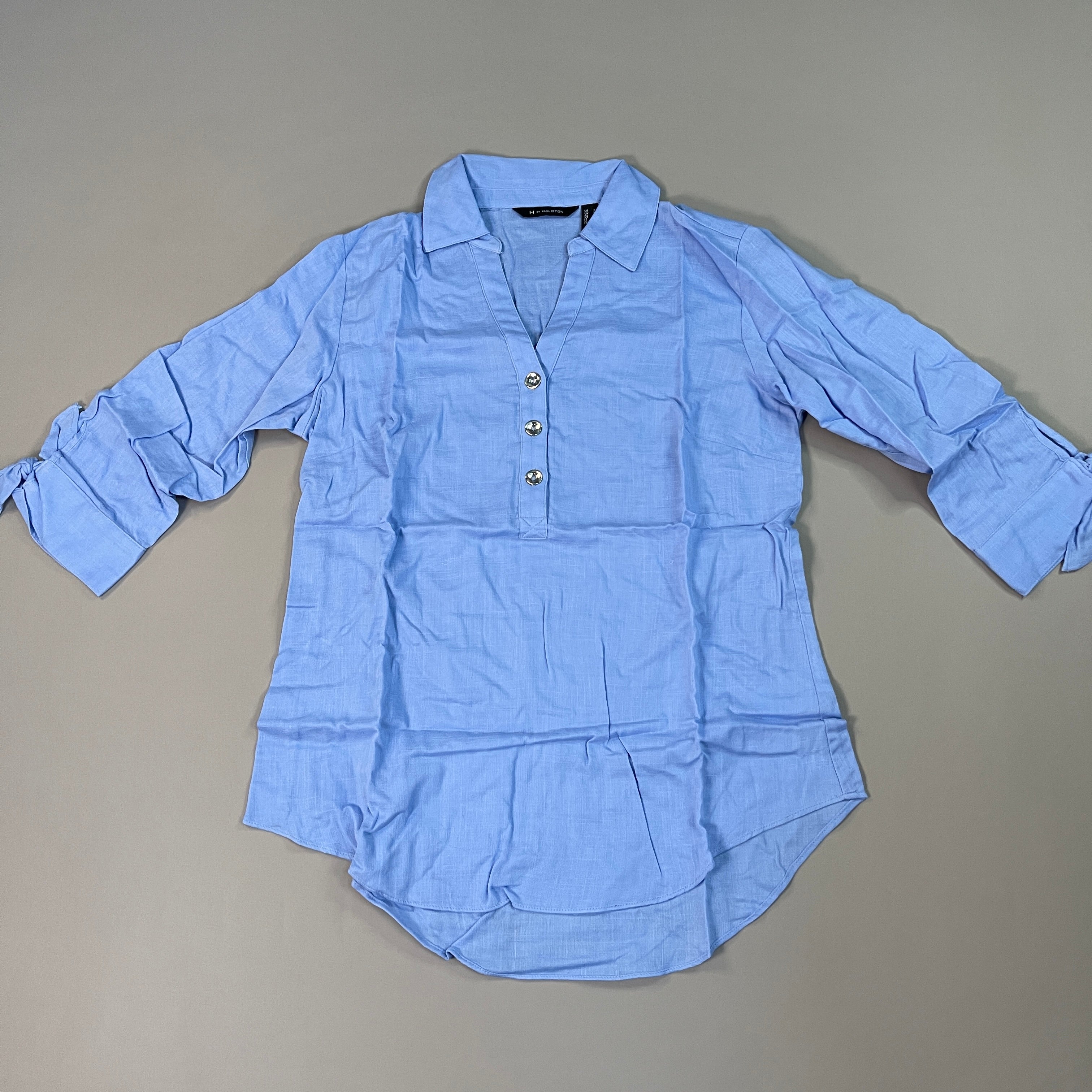 H BY HALSTON Collared 1/4 Button Top V-Neck Women's Sz 2 Reg Blue Iris (New)