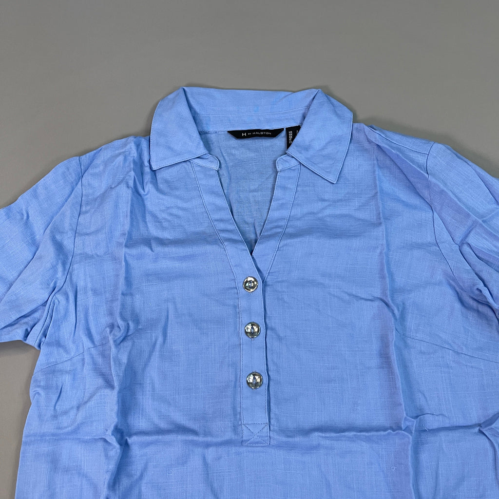 H BY HALSTON Collared 1/4 Button Top V-Neck Women's Sz 2 Reg Blue Iris (New)