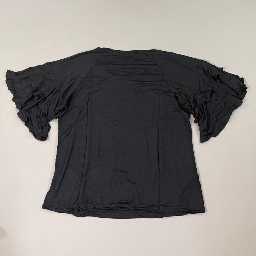 DU JOUR Ruffle Short Sleeve Swoop Neck Top Women's Sz S Black (New)