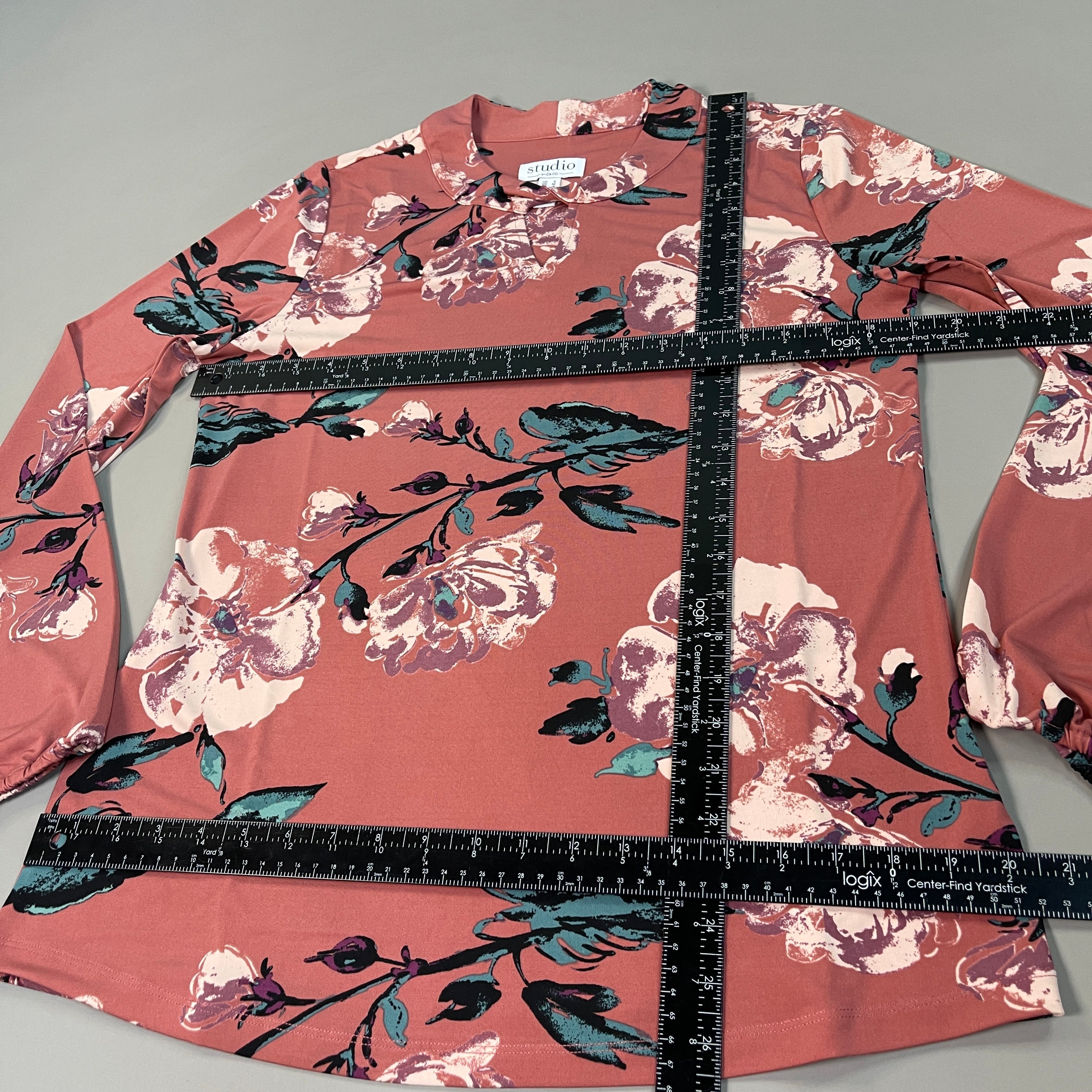 STUDIO BY D&Co Printed Long Sleeve Top Women's Sz S Classic Rose Floral (New)
