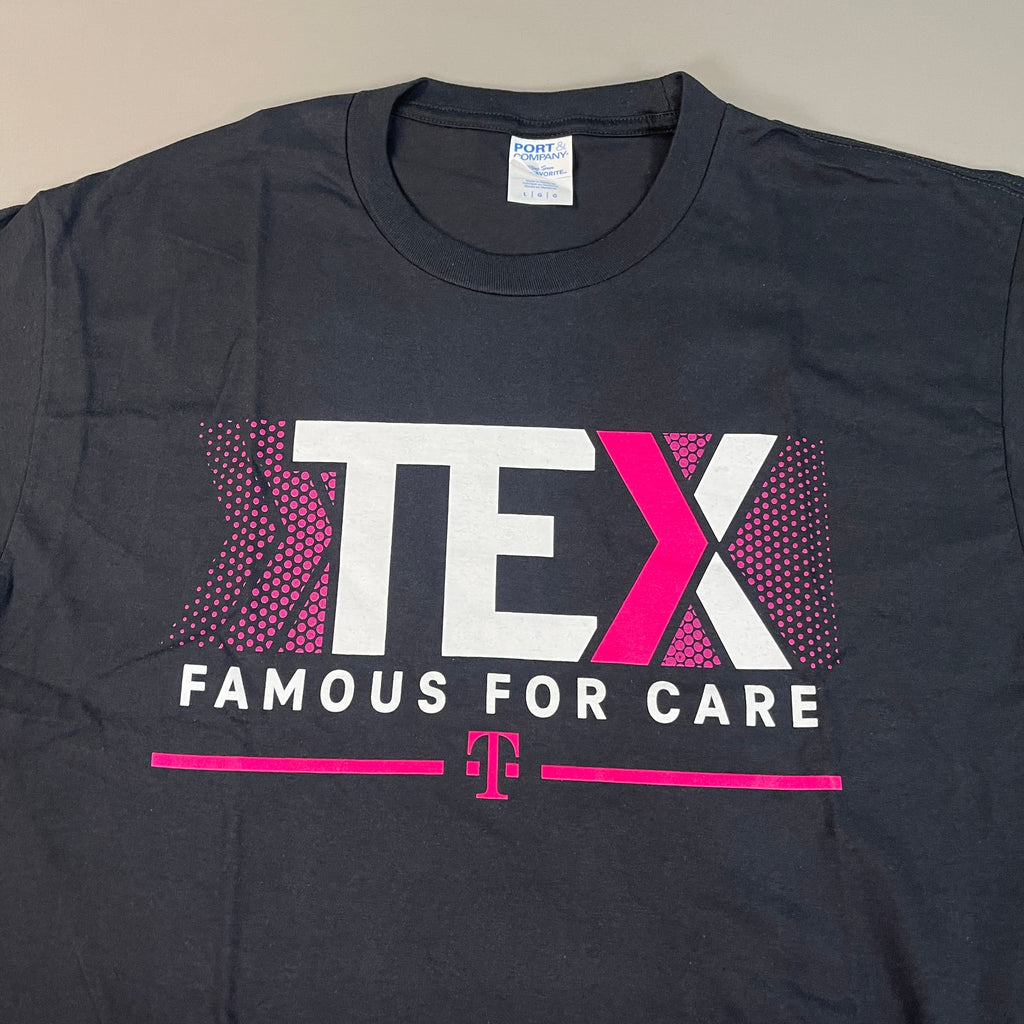 T-MOBILE Tee Shirt Short Sleeve TEX Famous For Care Men's Unisex Sz L Black/Pink (New)