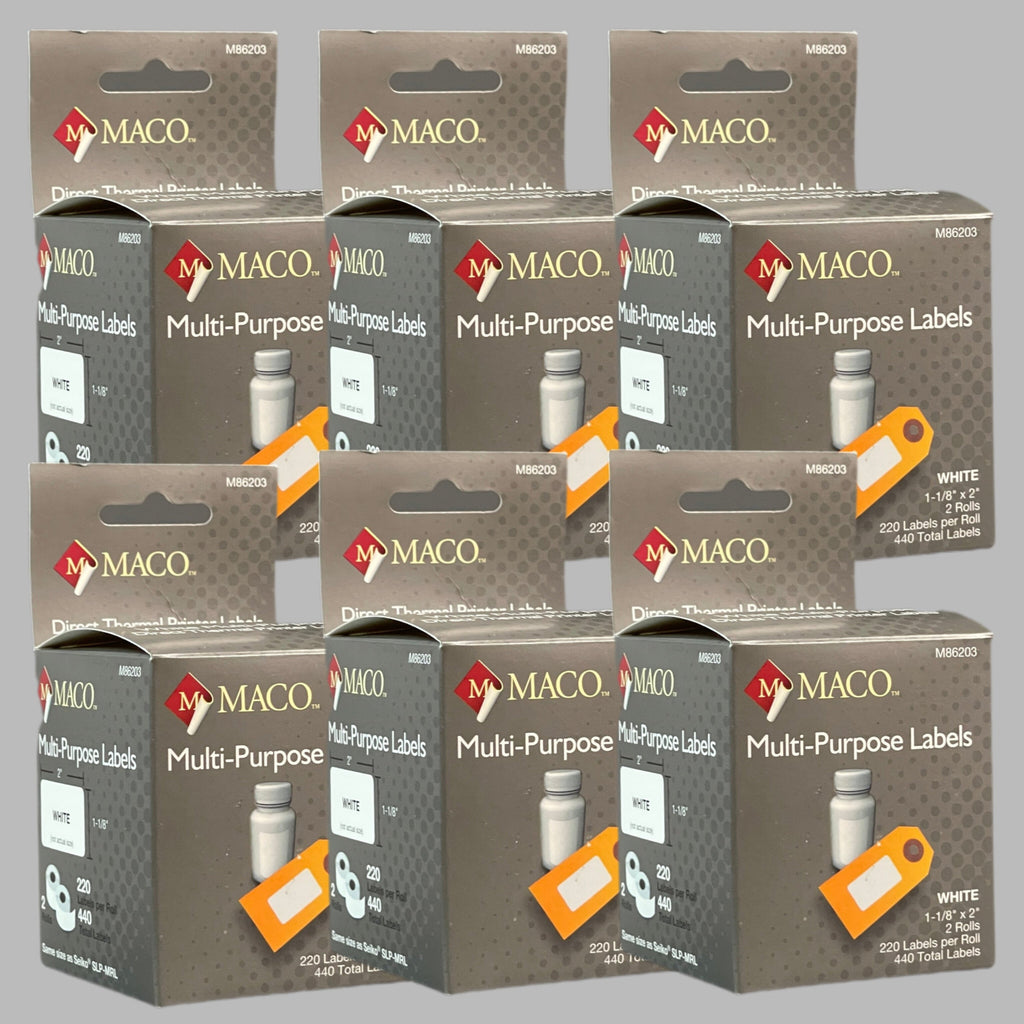 MACO  Direct Thermal Printer Labels (6 PACK) 1-1/8” x 2" 2,640 Labels White M86203