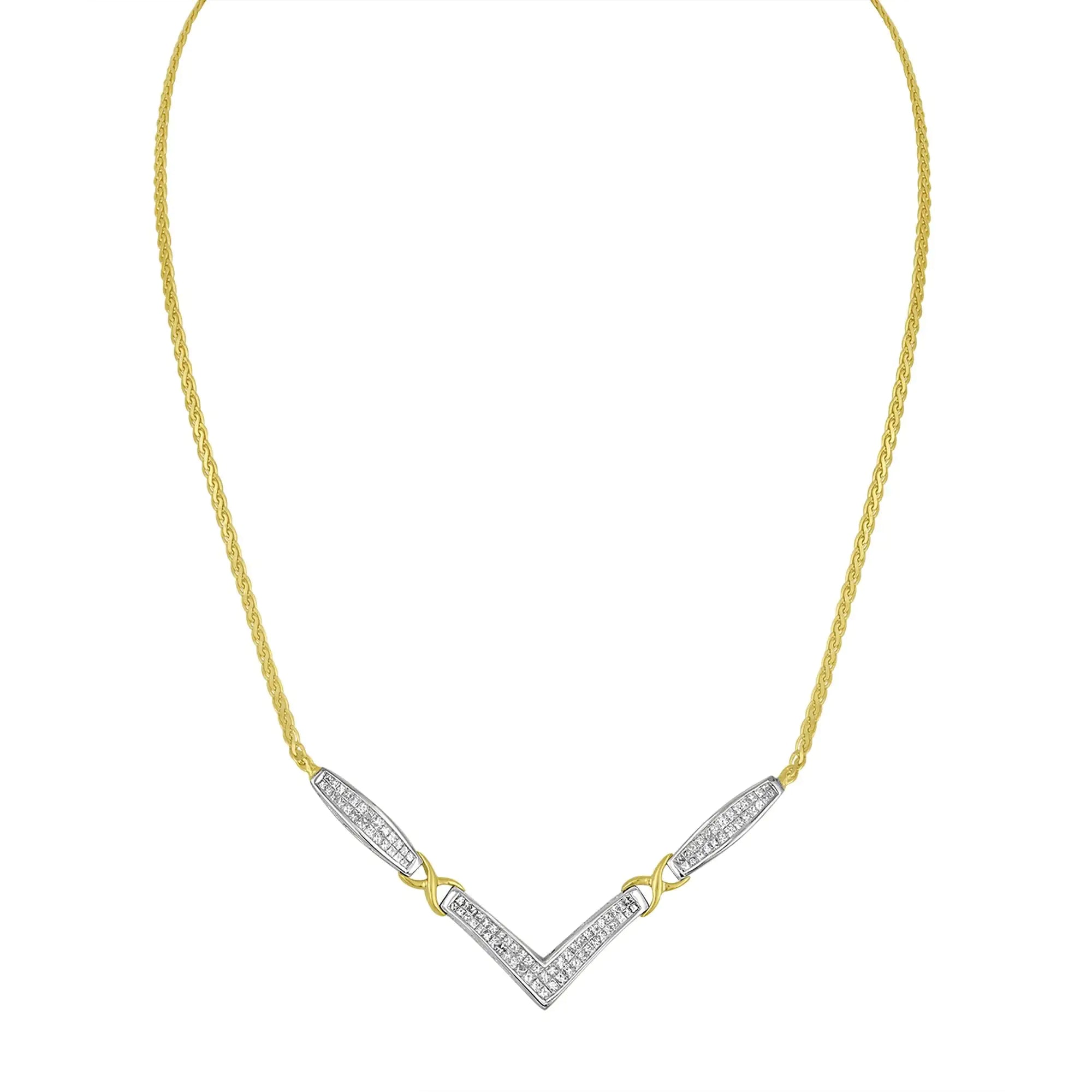 14K Yellow and White Gold 2.0 Cttw Princess Cut Diamond Flared and X-Station V Shaped 18” Franco Chain Statement Necklace (H-I Color, SI2-I1 Clarity)
