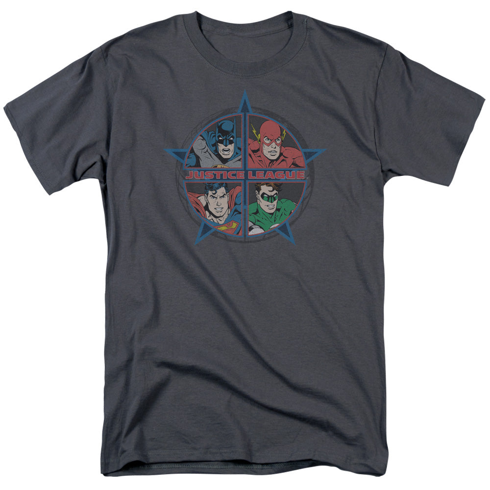 Justice League Batman The Flash Superman Green Lantern Four Heroes Mens T Shirt Charcoal Officially Licensed
