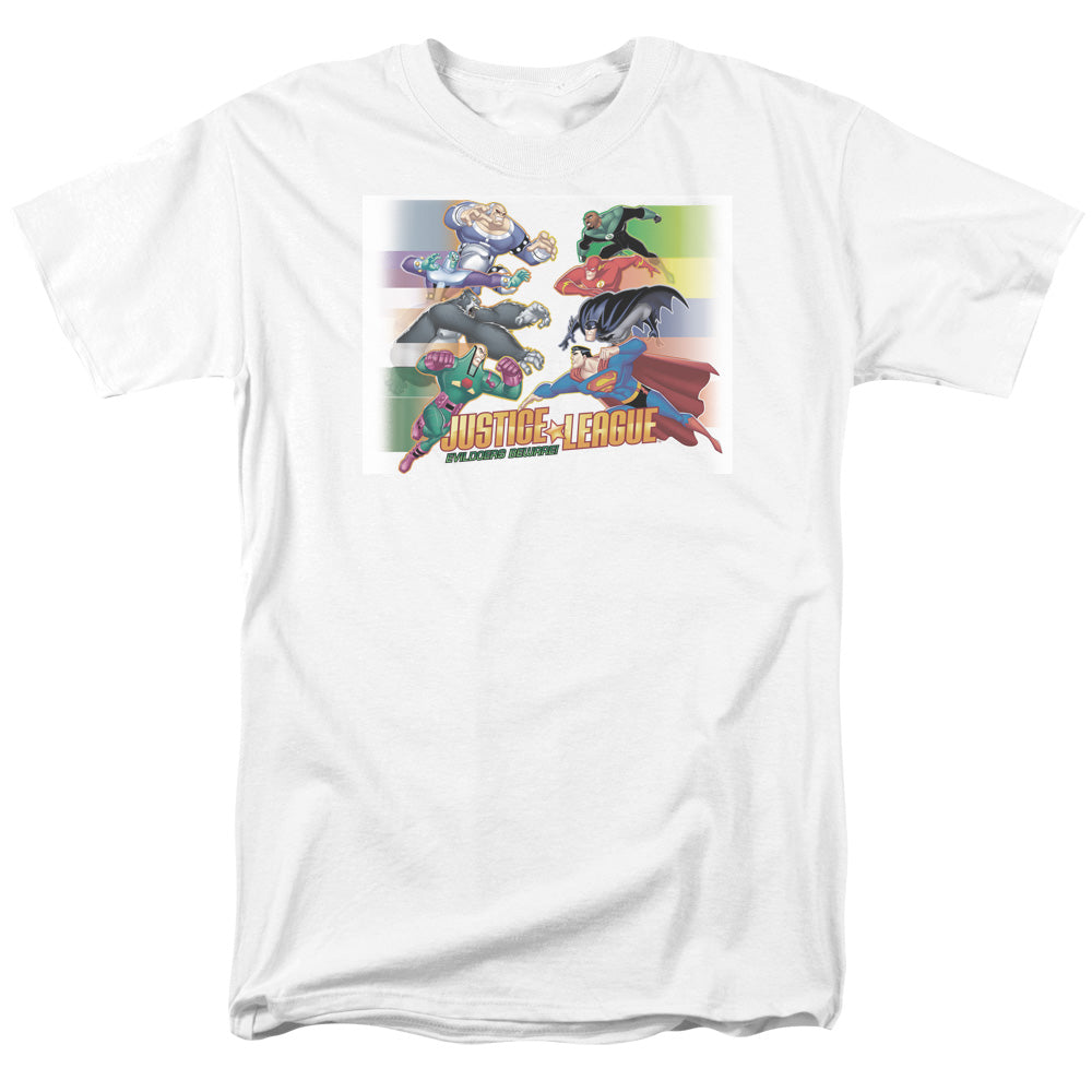 Justice League Evildoers Beware Mens T Shirt White Officially Licensed