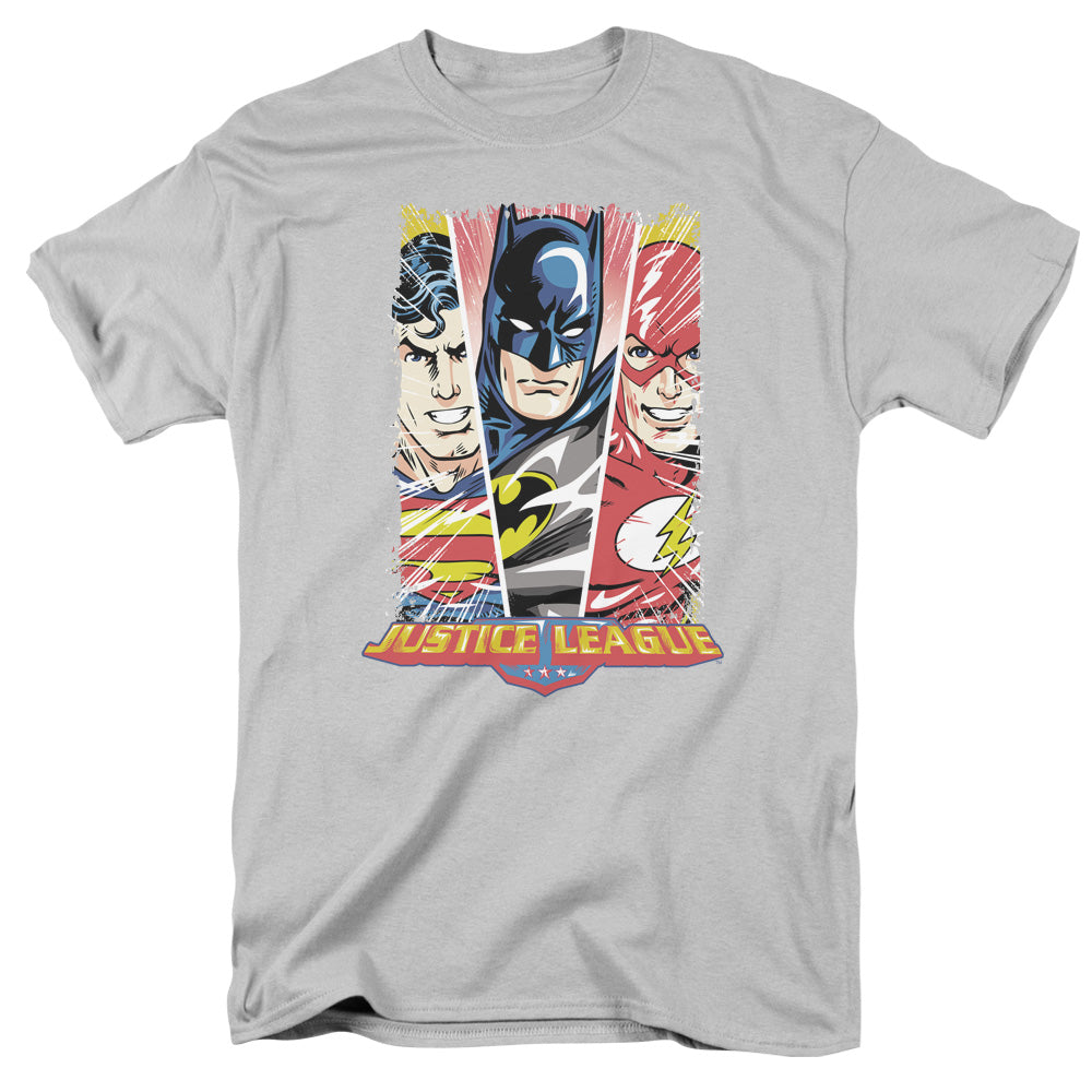 Justice League Hero Triptych Mens T Shirt Silver Officially Licensed