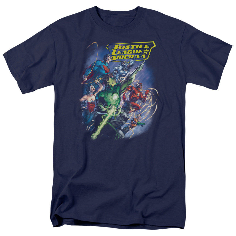Justice League Onward Mens T Shirt Navy Blue Officially Licensed