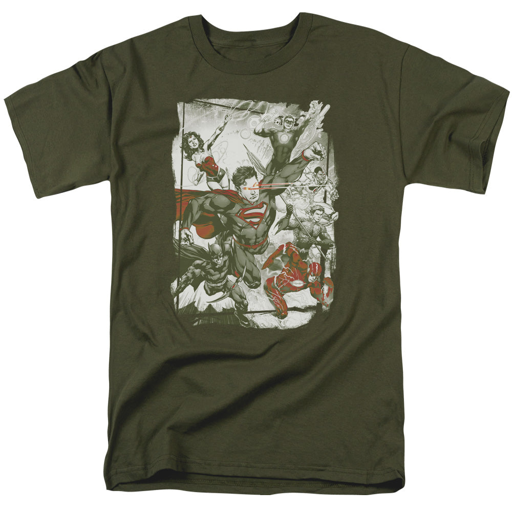 Justice League Green and Red Mens T Shirt Military Green Officially Licensed