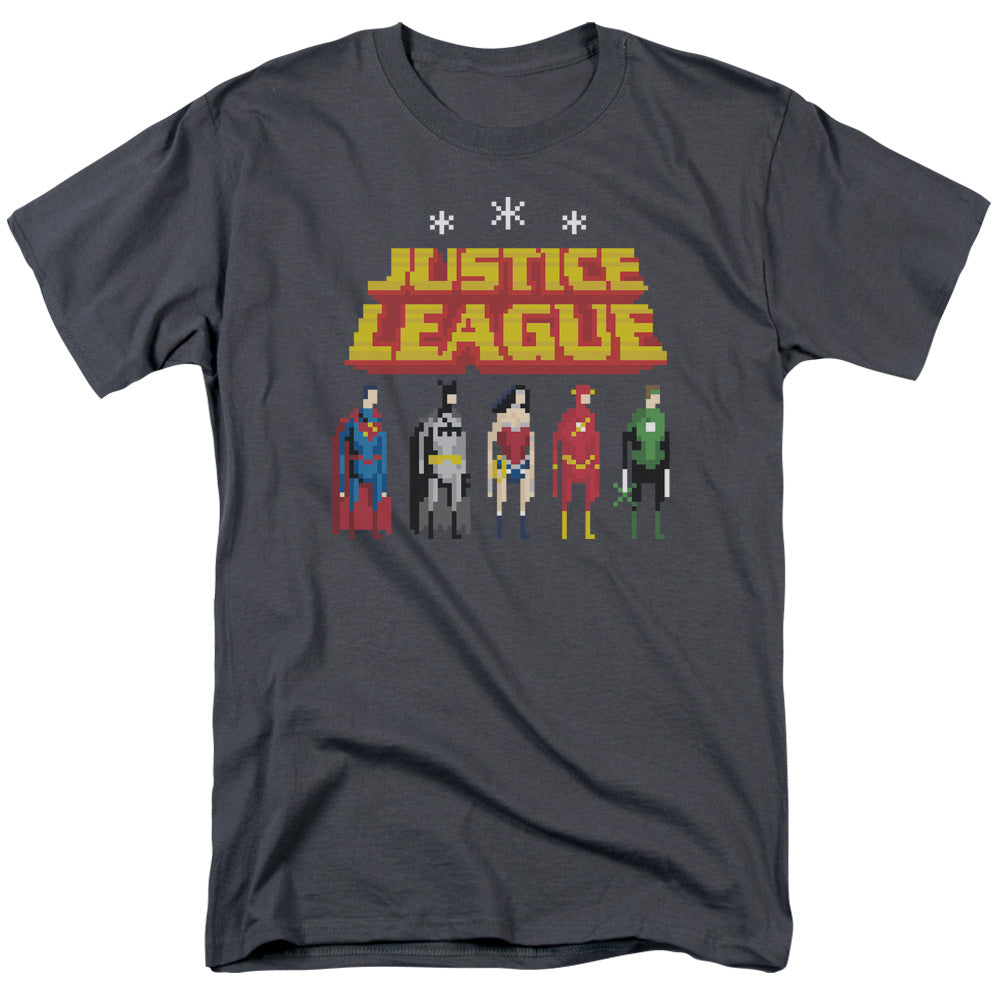Justice League Standing Below Mens T Shirt Charcoal Officially Licensed