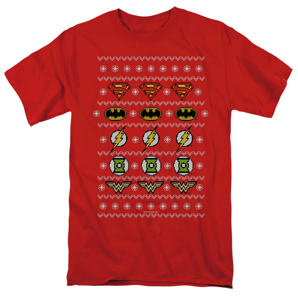 Justice League Justice Shields Christmas Sweater Mens T Shirt Red Officially Licensed