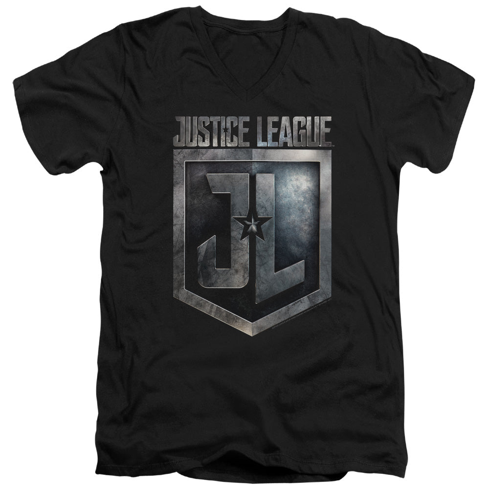 Justice League Movie Shield Logo Mens Slim Fit V-Neck T Shirt Black Officially Licensed