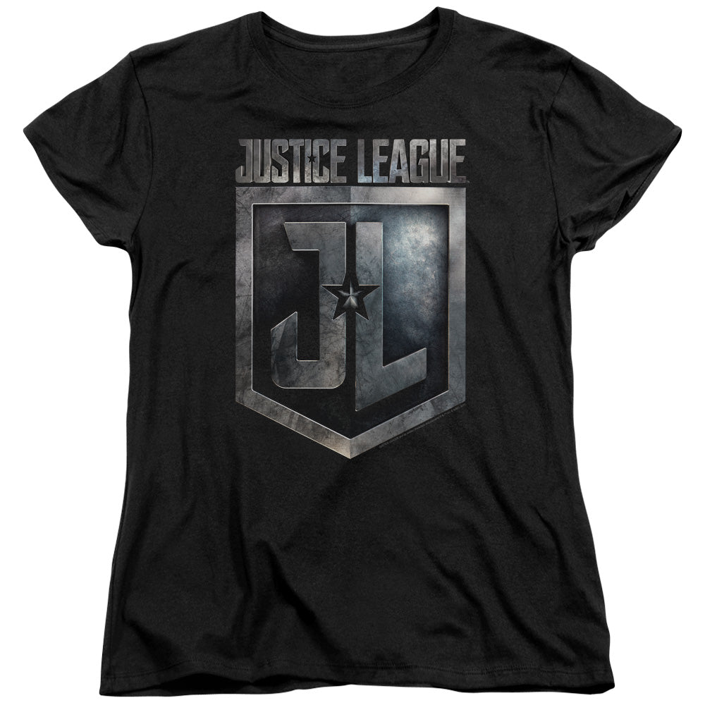 Justice League Movie Shield Logo Womens T Shirt Black Officially Licensed