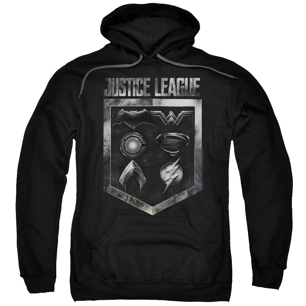 Justice League Movie Shield Of Emblems Mens Hoodie Black Officially Licensed