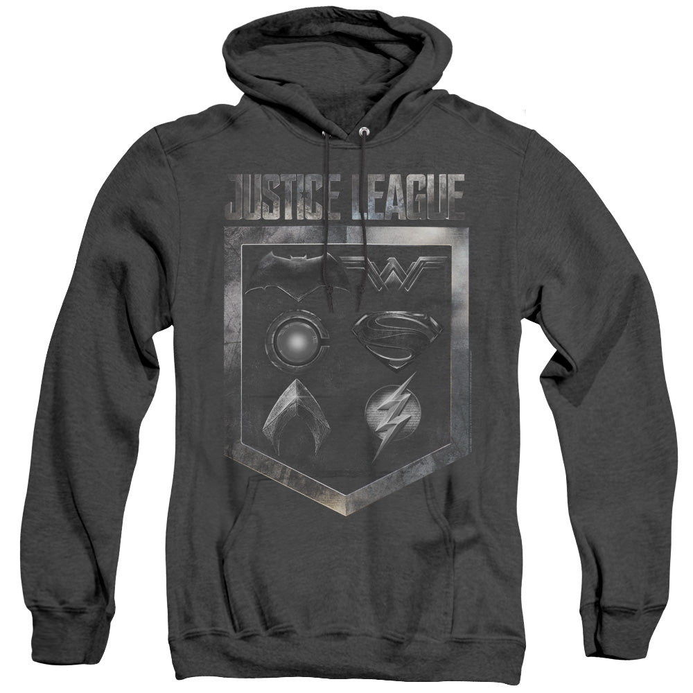 Justice League Movie Shield Of Emblems Heather Mens Hoodie Black Officially Licensed